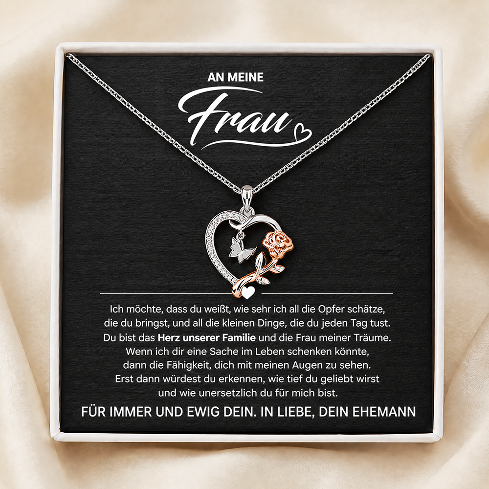 An meine Frau – Halskette mit Herz und Rose