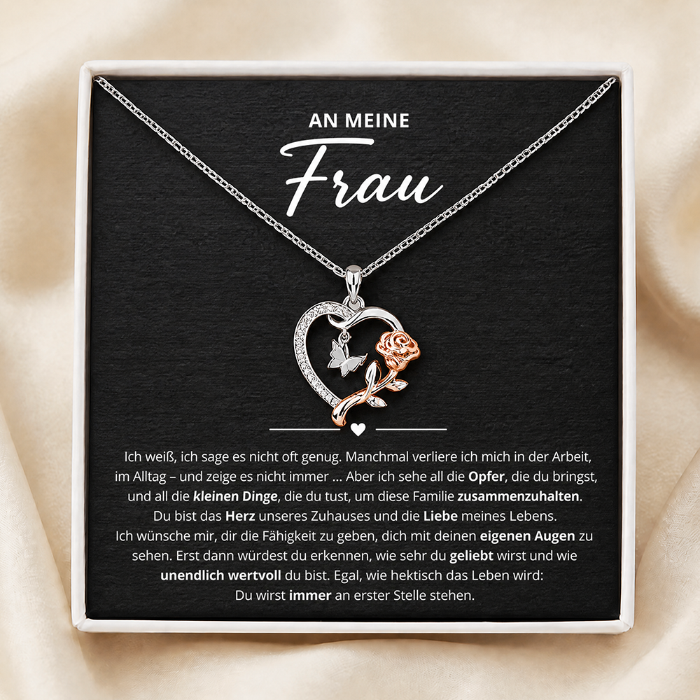 An meine Frau – Halskette mit Herz und Rose