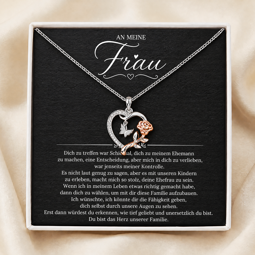 An meine Frau – Halskette mit Herz und Rose