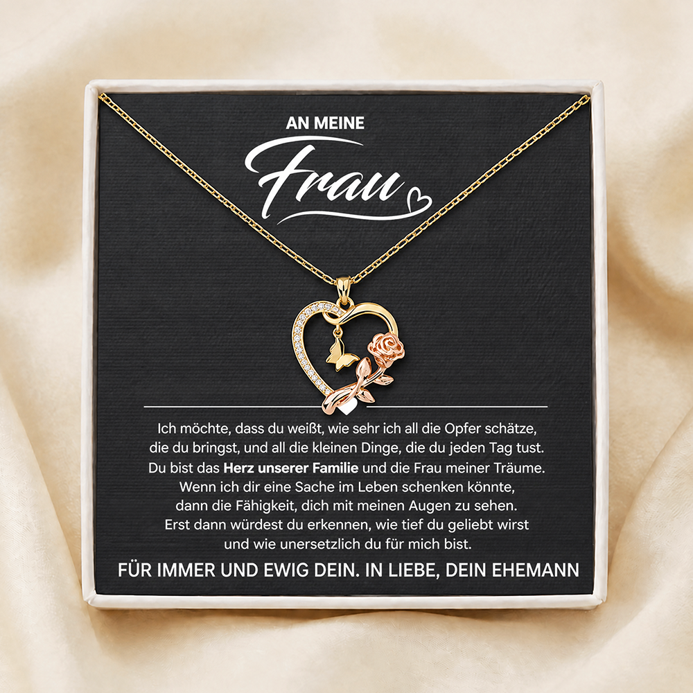 An meine Frau – Halskette mit Herz und Rose
