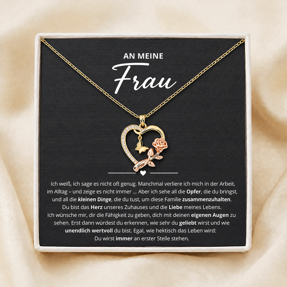 An meine Frau – Halskette mit Herz und Rose
