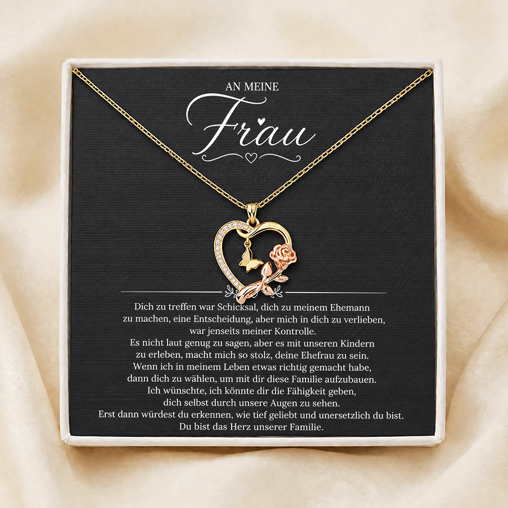 An meine Frau – Halskette mit Herz und Rose