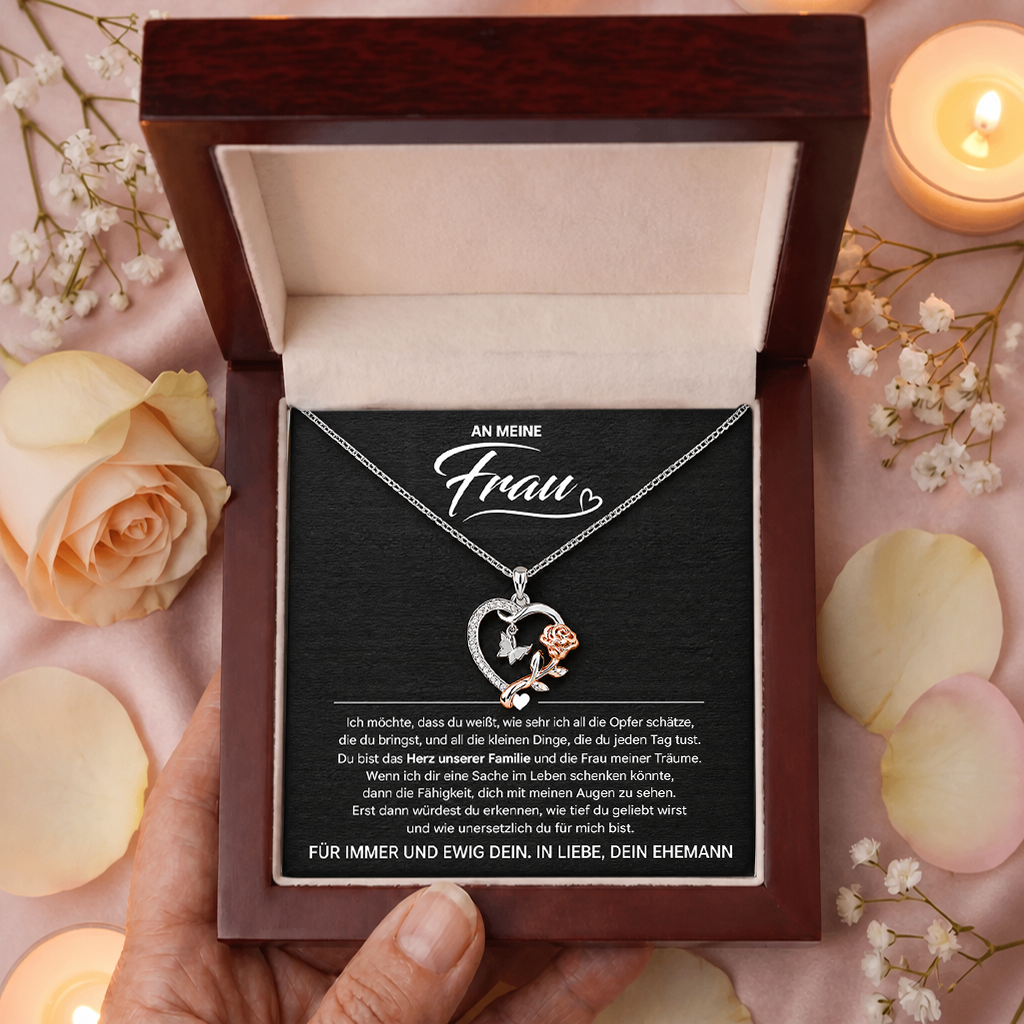 An meine Frau – Halskette mit Herz und Rose