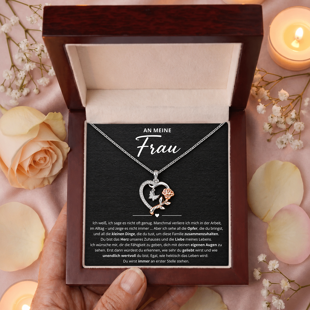 An meine Frau – Halskette mit Herz und Rose