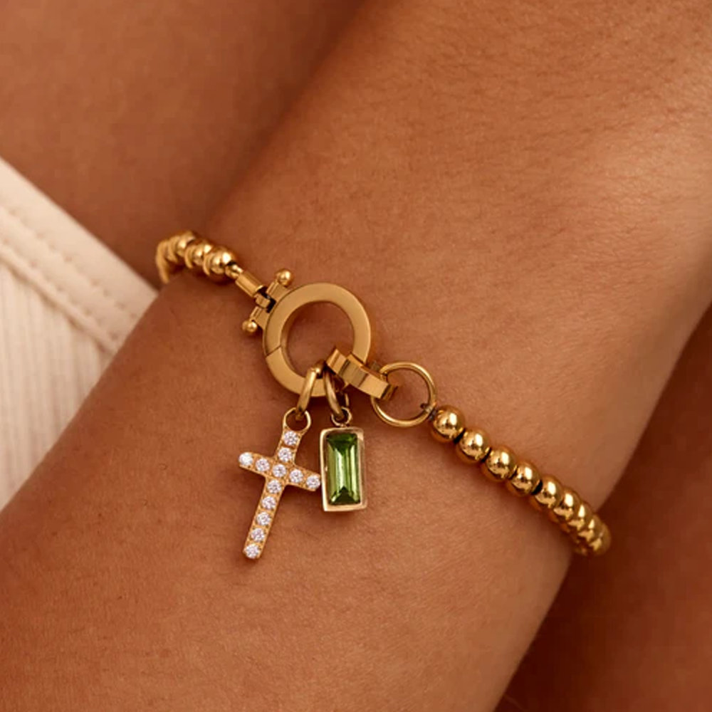 An meine Tochter – Perlenarmband mit Geburtsstein-Kreuz