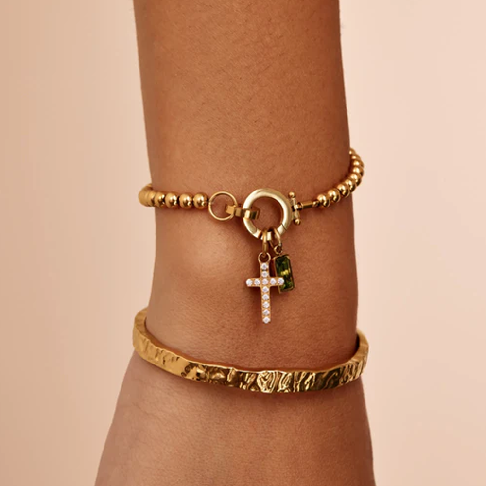 An meine Tochter – Perlenarmband mit Geburtsstein-Kreuz