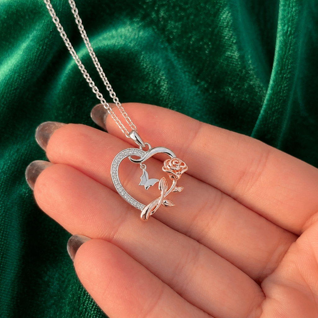 An meine Frau – Halskette mit Herz und Rose