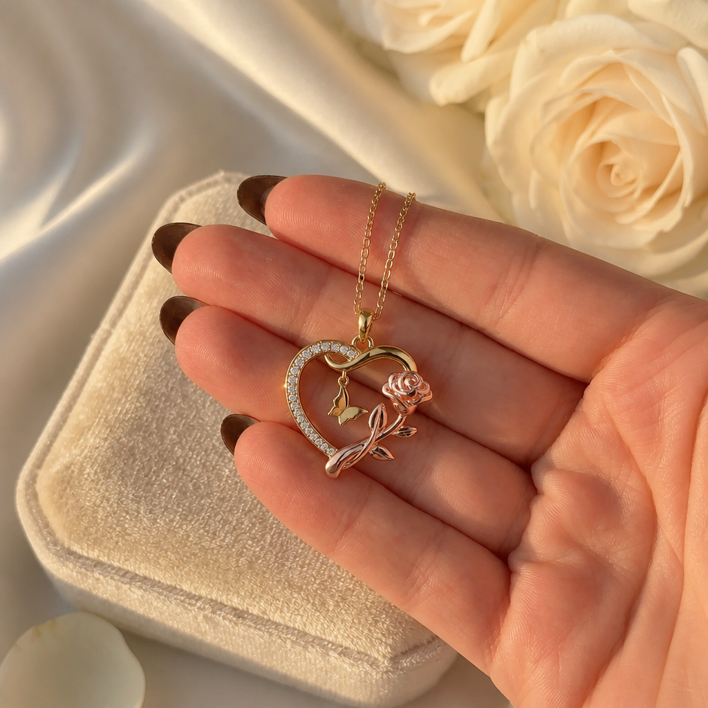 An meine Frau – Halskette mit Herz und Rose