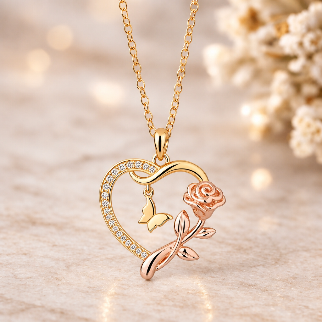 An meine Frau – Halskette mit Herz und Rose